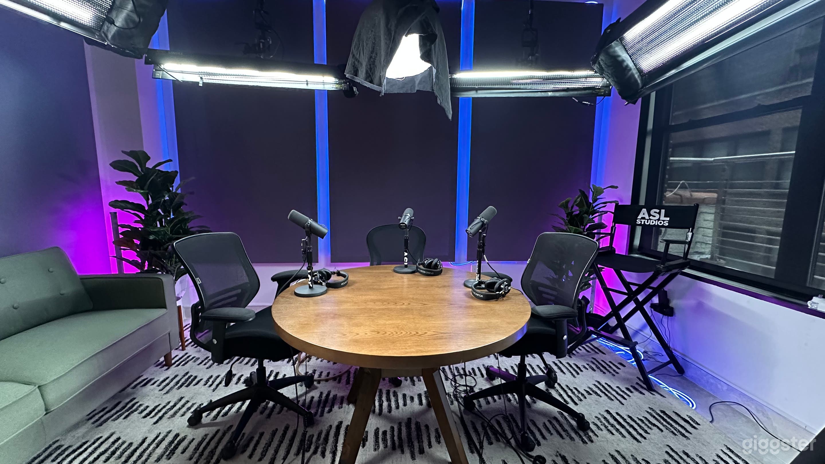 Full lighting grid BTS and custom blue and purple lighting. lighting is fully custom for each project. 