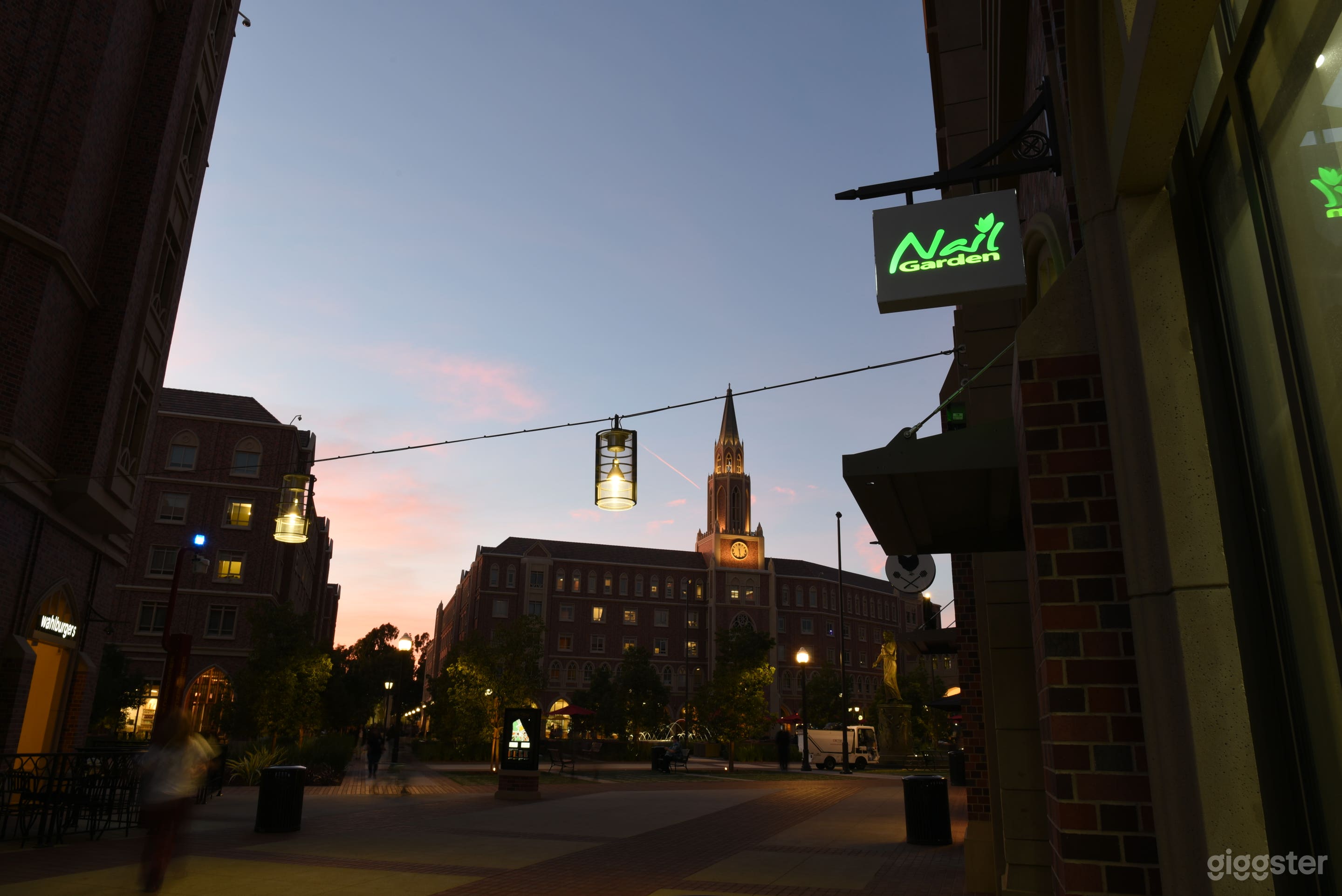 Exterior shot of the salon at sunset. 