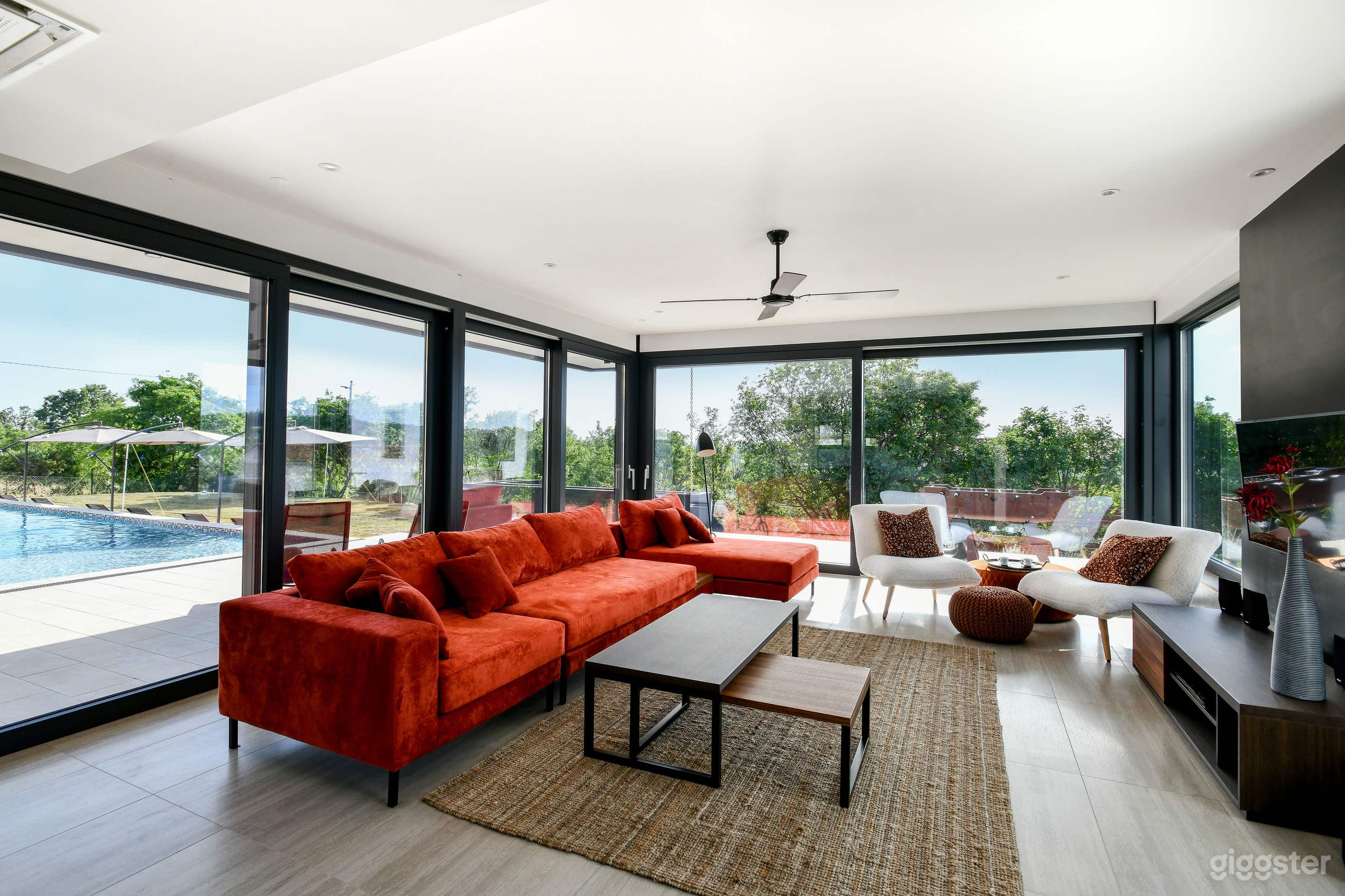 Open plan living room with sliding glass doors