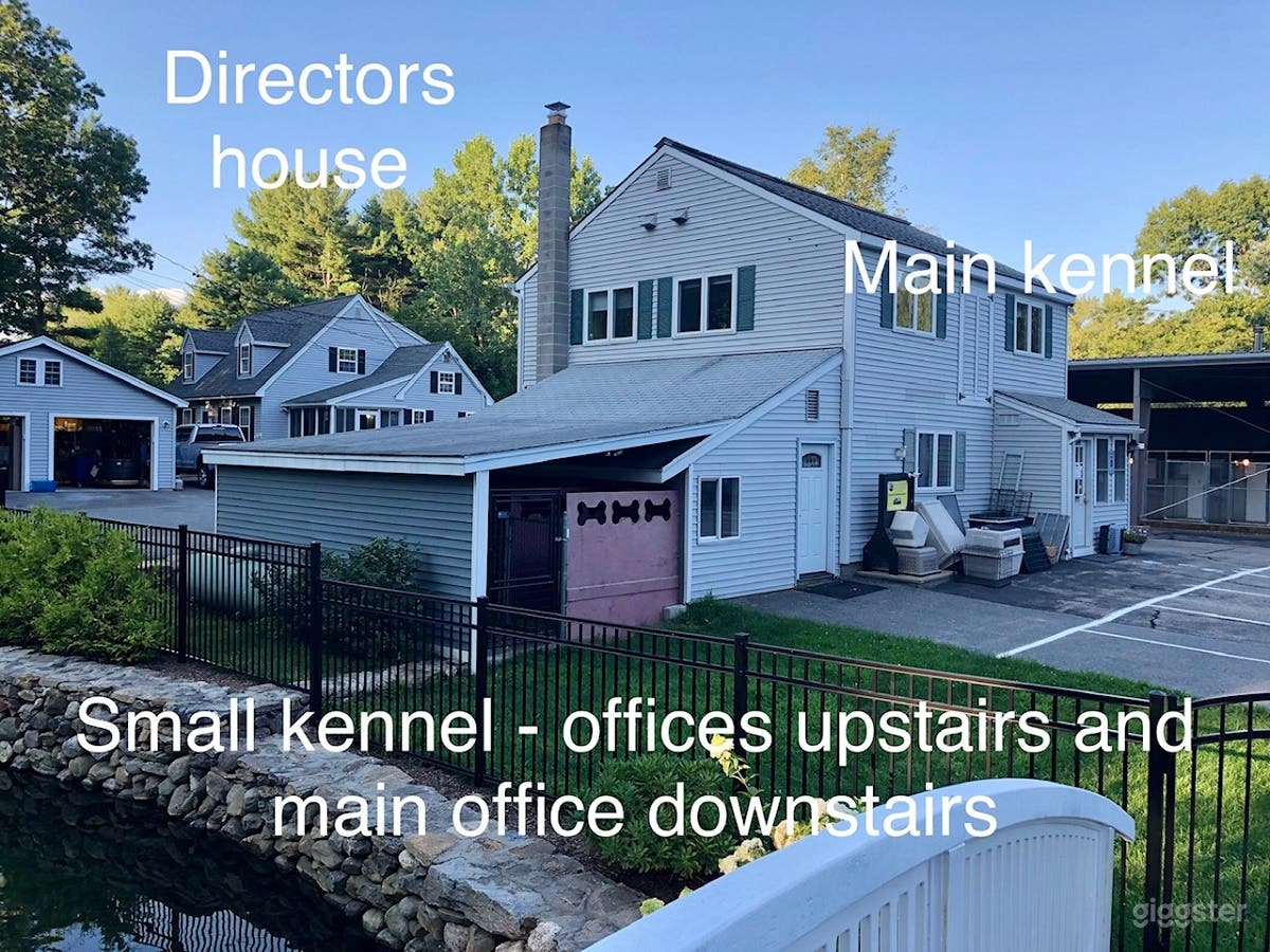 Multiple buildings make up this property. We live on site next door. Front of property (from bridge in the pond) in panoramic view. Plenty of parking in multiple locations allow for large vehicles to park. 