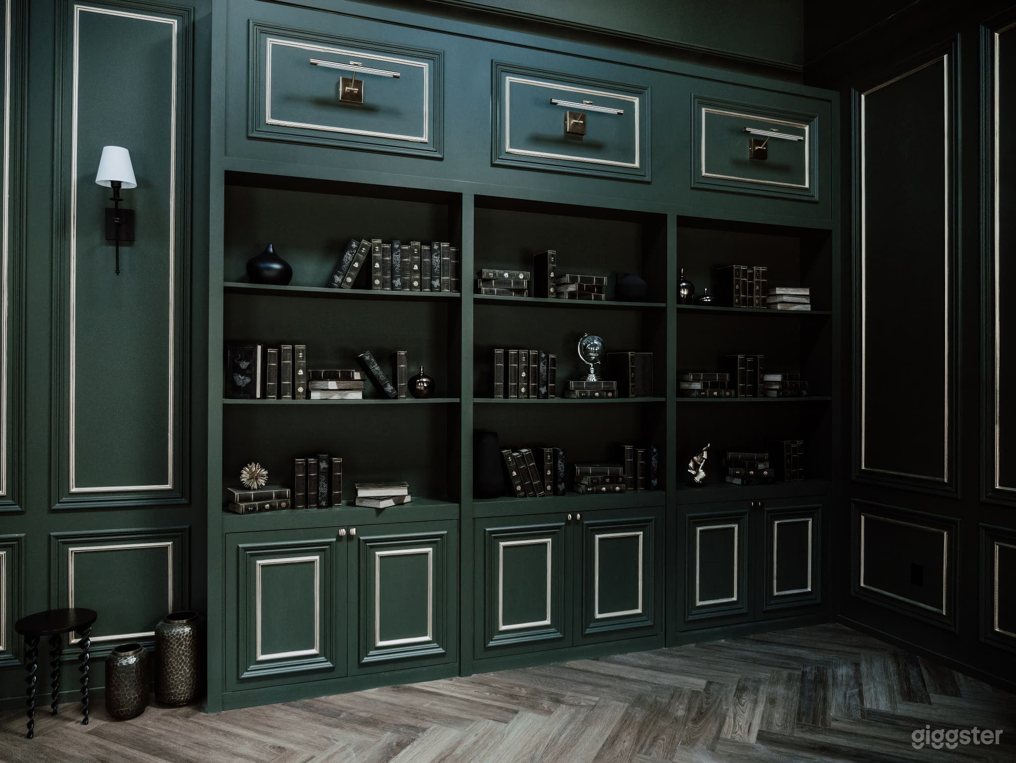 Opulent dark-themed elegant library with rich details, perfect for indulging in literary adventures in our sophisticated studio space.