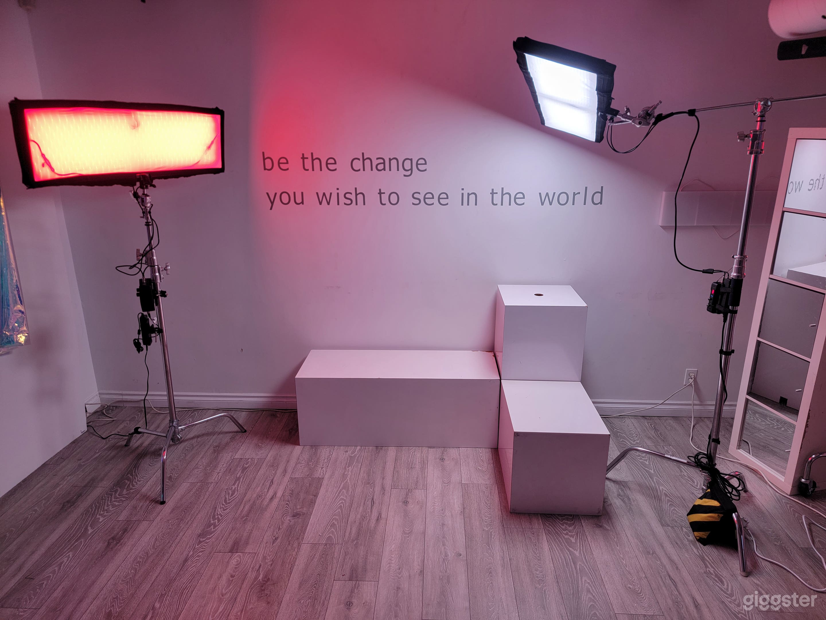 We have two RGBW + DMX &amp; bicolor continuous high-end photography lighting w/ >96 CRI on c-stands. 