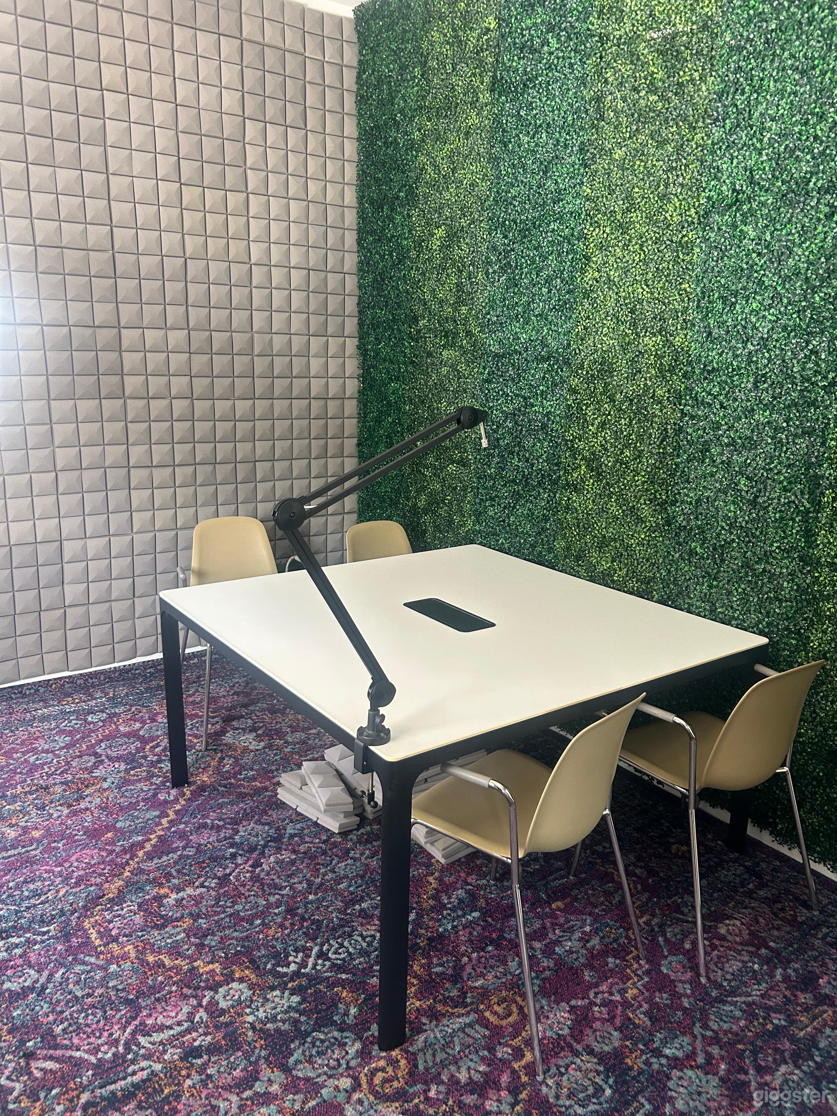 Middle room with multi covered walls perfect for podcasts, photo and video shoots and more.