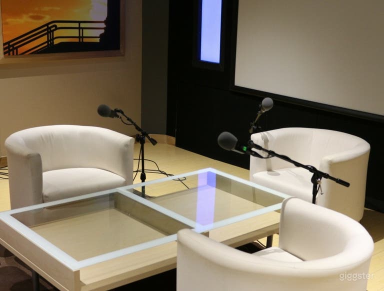  Studio A: Acoustically designed recording space. (Client chairs/sofas, High-quality microphones, Table, Large projected screen &amp; High-Quality speakers, Soundproof room) 