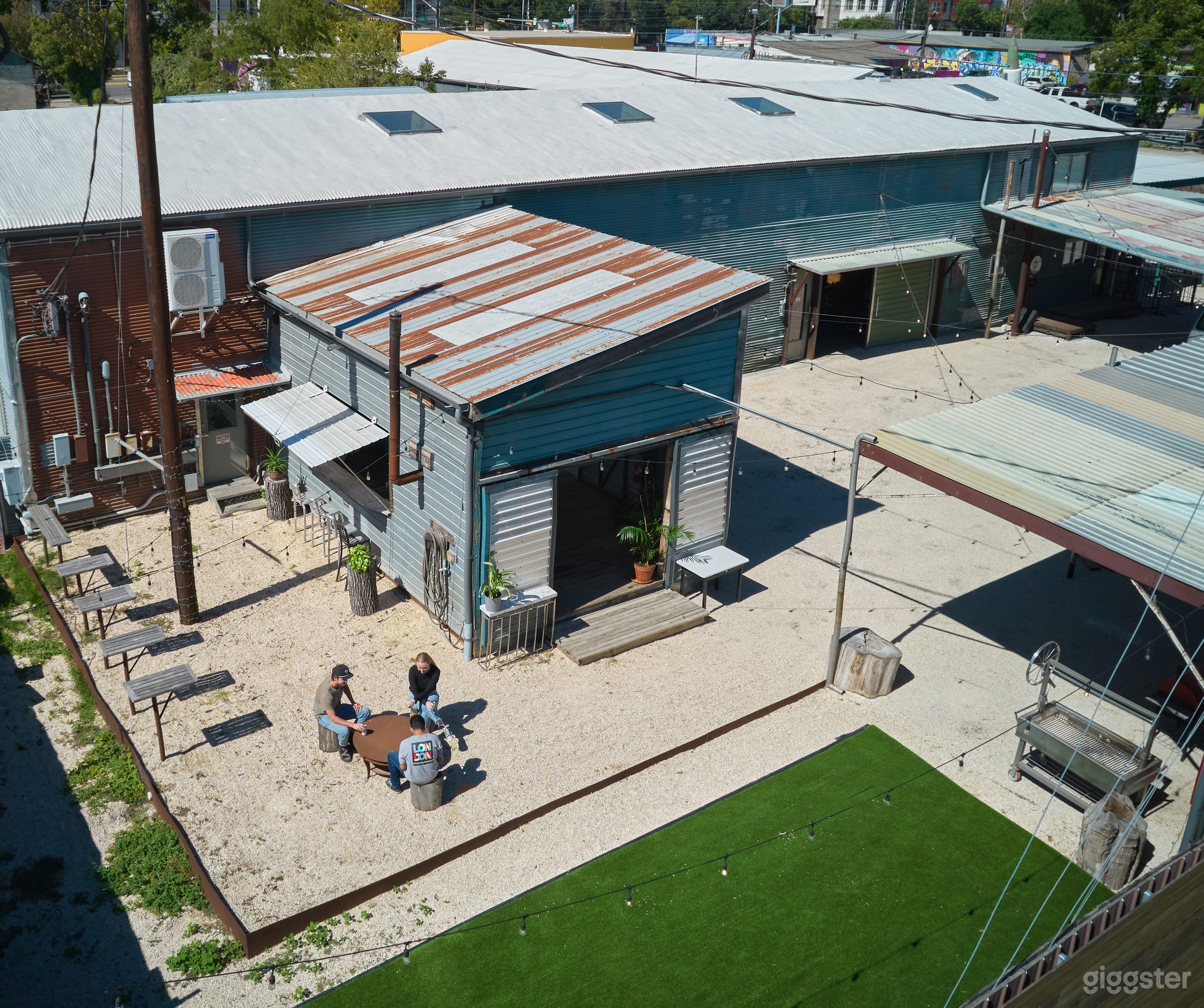 Drone image of Courtyard and Shed Bar. 