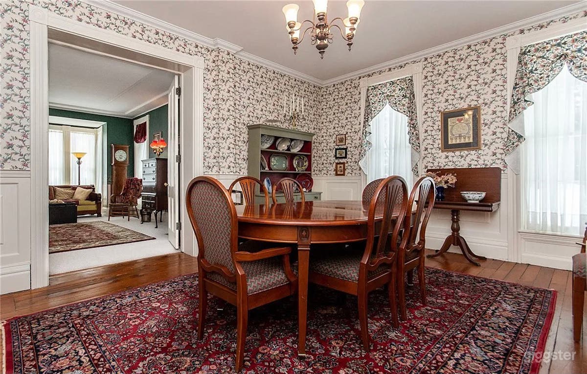 Dining room. Furniture/ wall hangings for demo purposes only.