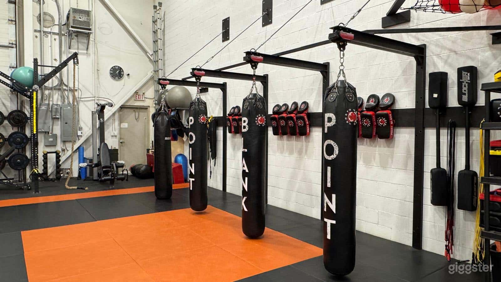 Punching bag rail system (bags extended) for 6' bags, Muay Thai pads and focus mitts
