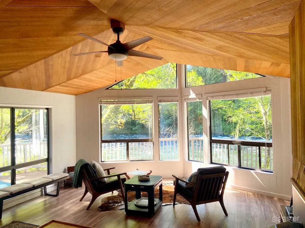 Picture window living room with fireplace