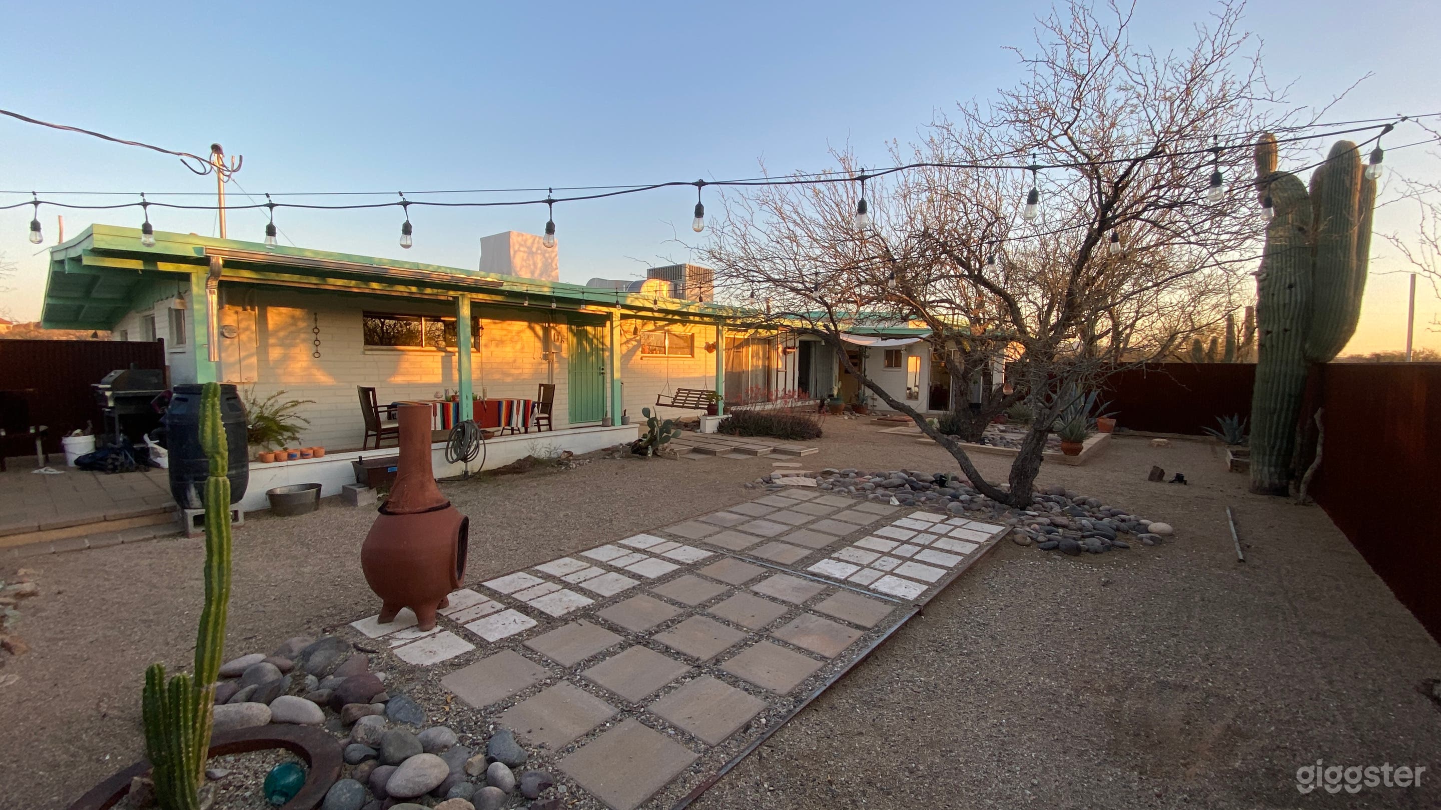 beautiful back yard, chiminea 
(cracking, fragile)