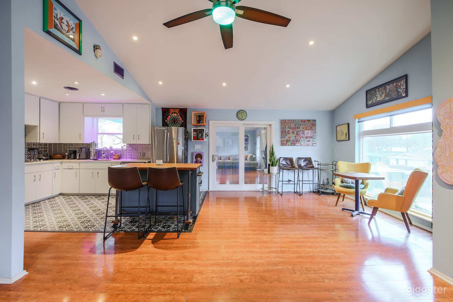 Custom furniture throughout house including this beautiful Teak Wood island. Dog door goes into backyard for small to med size dogs. 