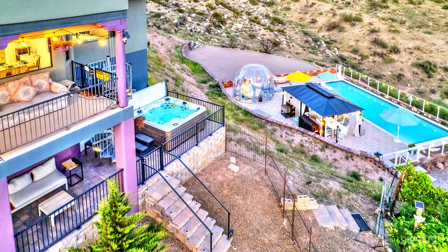 Resort style 15' by 40' pool with gazebo and relaxation bubble.