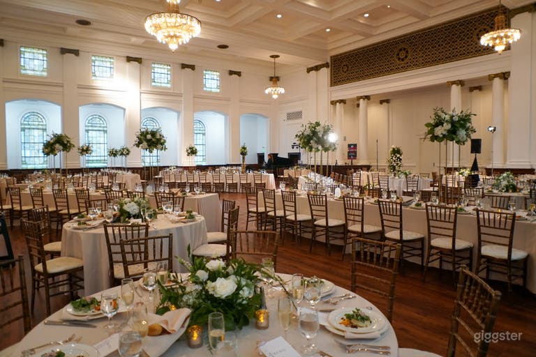  Wedding setup in Sanctuary with Chiavari chairs and round and rectangle tables
 