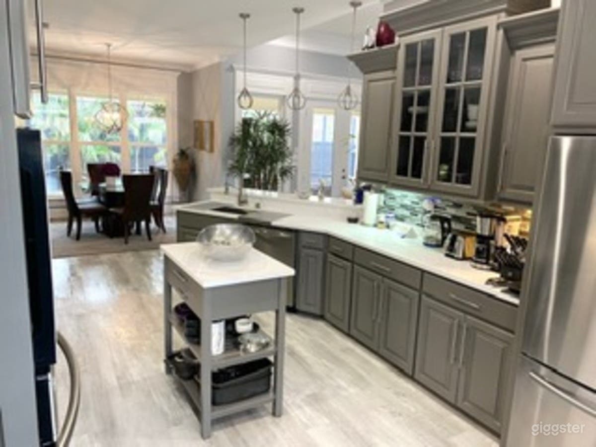 Quartz countertops in kitchen and living room.