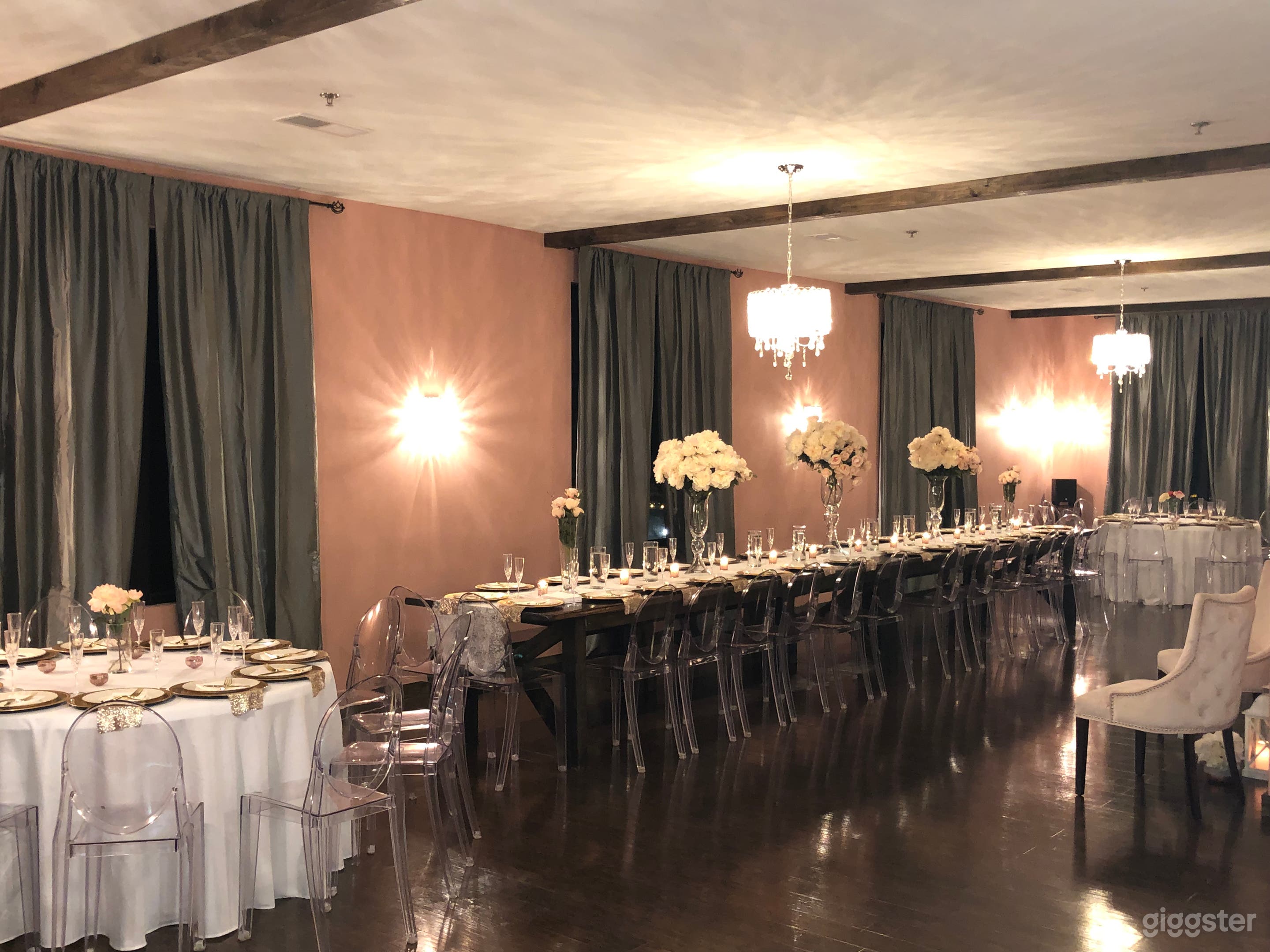 Dinner party ready with 22.5 foot wooden estate table as focal point. 