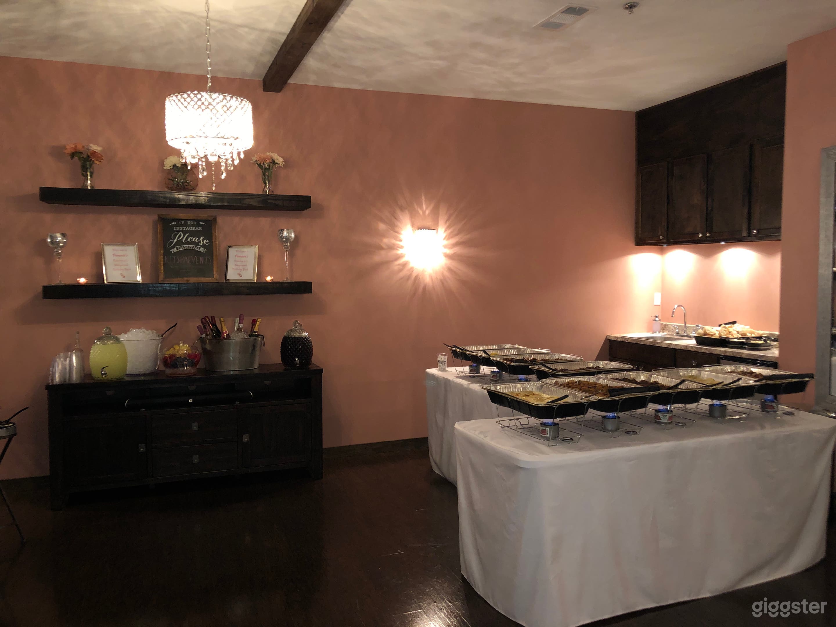 Kitchenette and 6 foot tables makes buffets, food prep, and serving easy. 