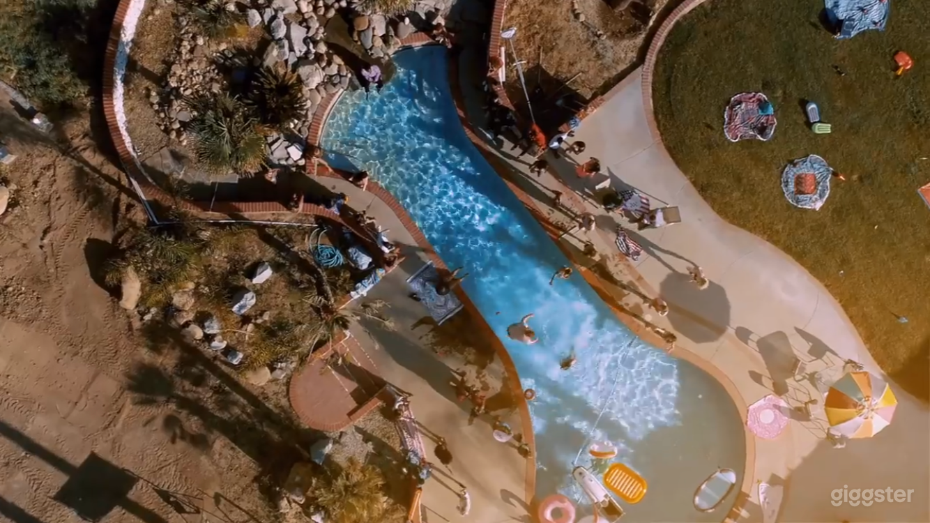 Drone view of pool yard video shoot