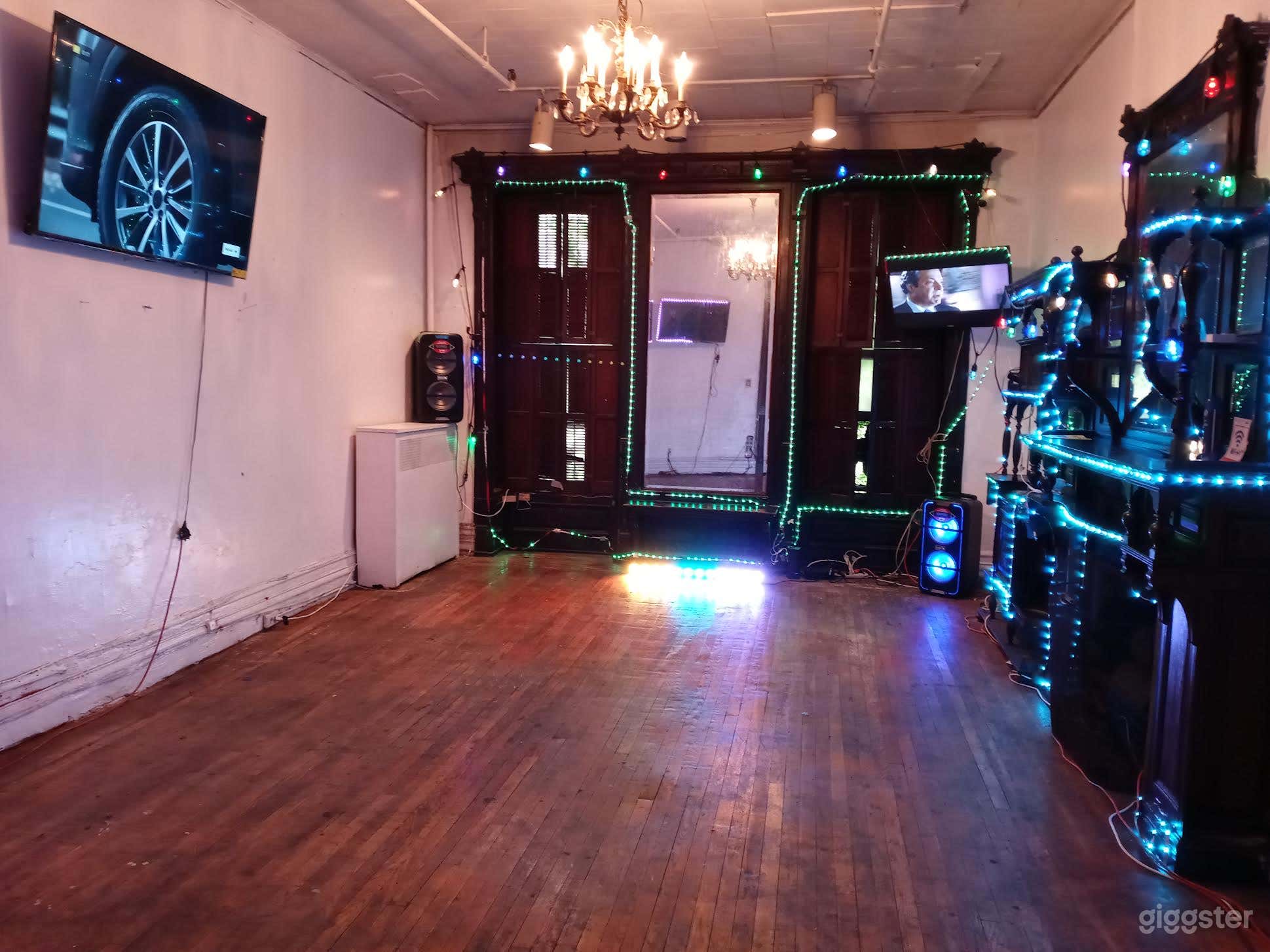 LARGE RENTAL ROOM AT CASTLE 351 front view w/ party decoration.