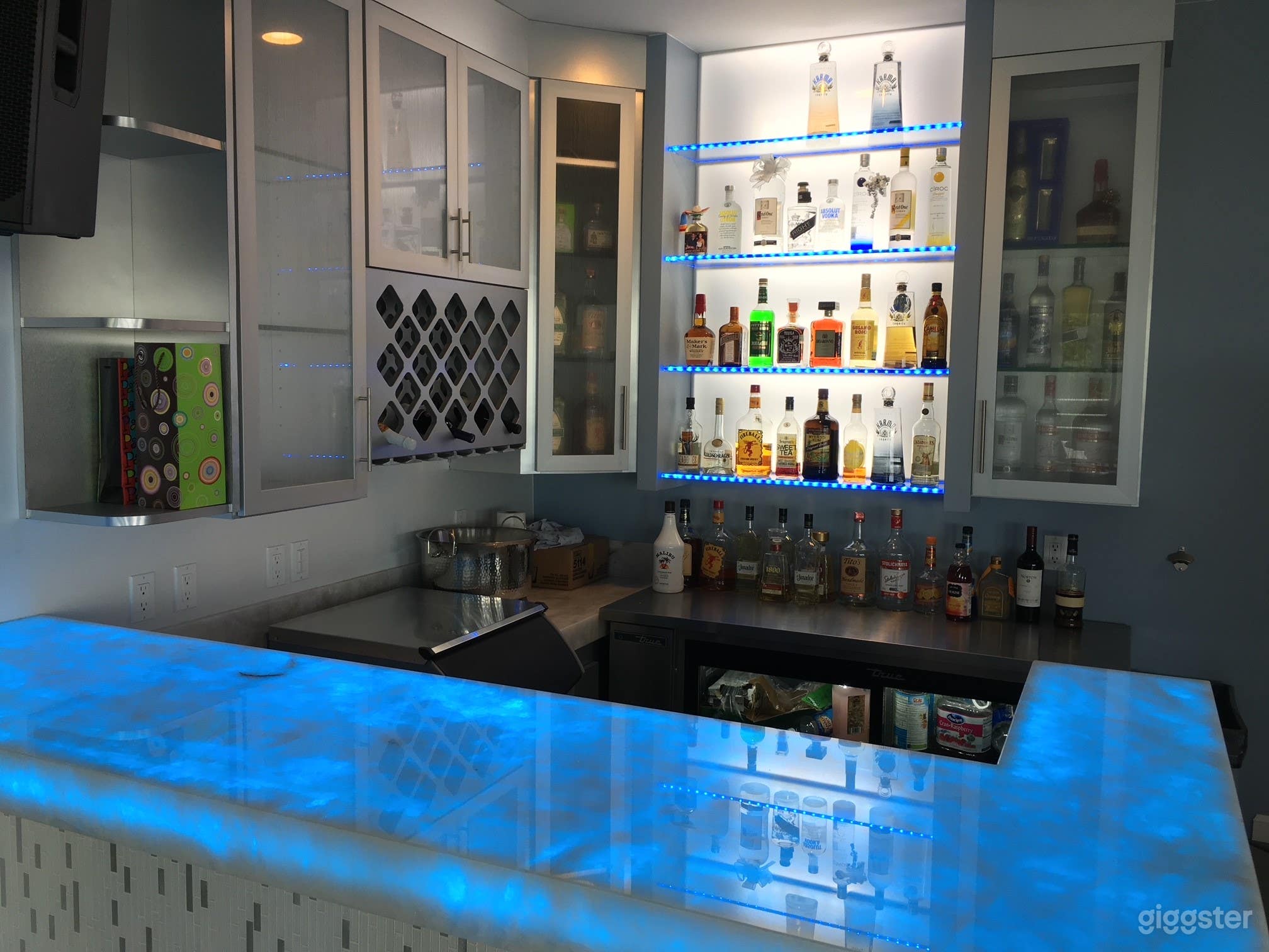 Nightclub bar lit blue 