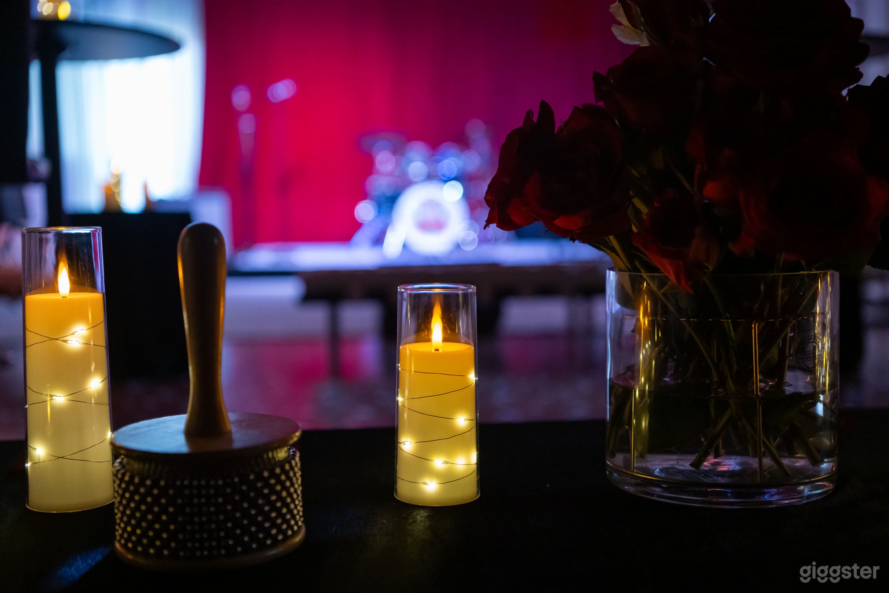 Our 800 square foot Band Showcase Room complete with full sound system, backline  (drums and amps) , disco ball and stage lighting!