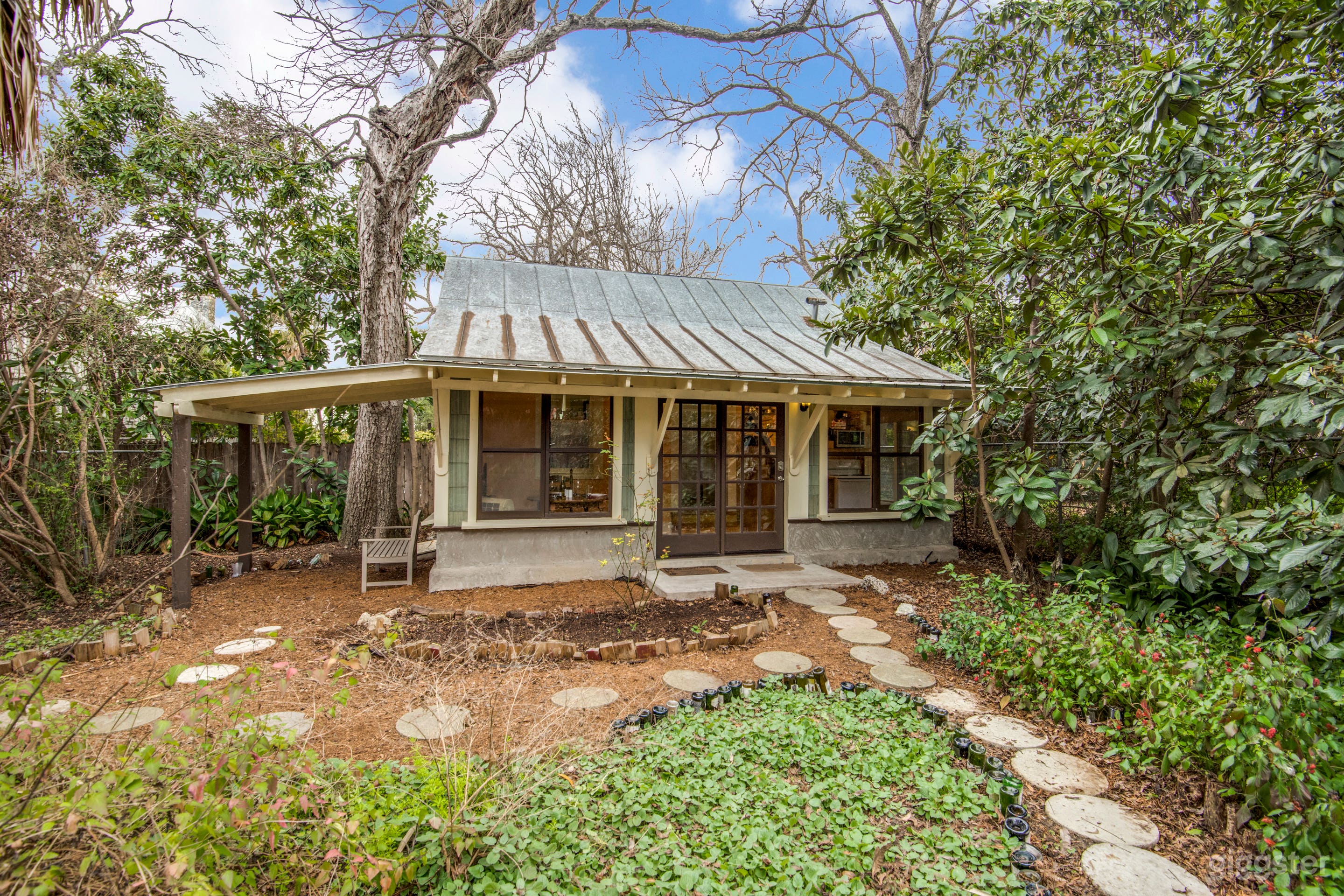 Front view, covered bench on left