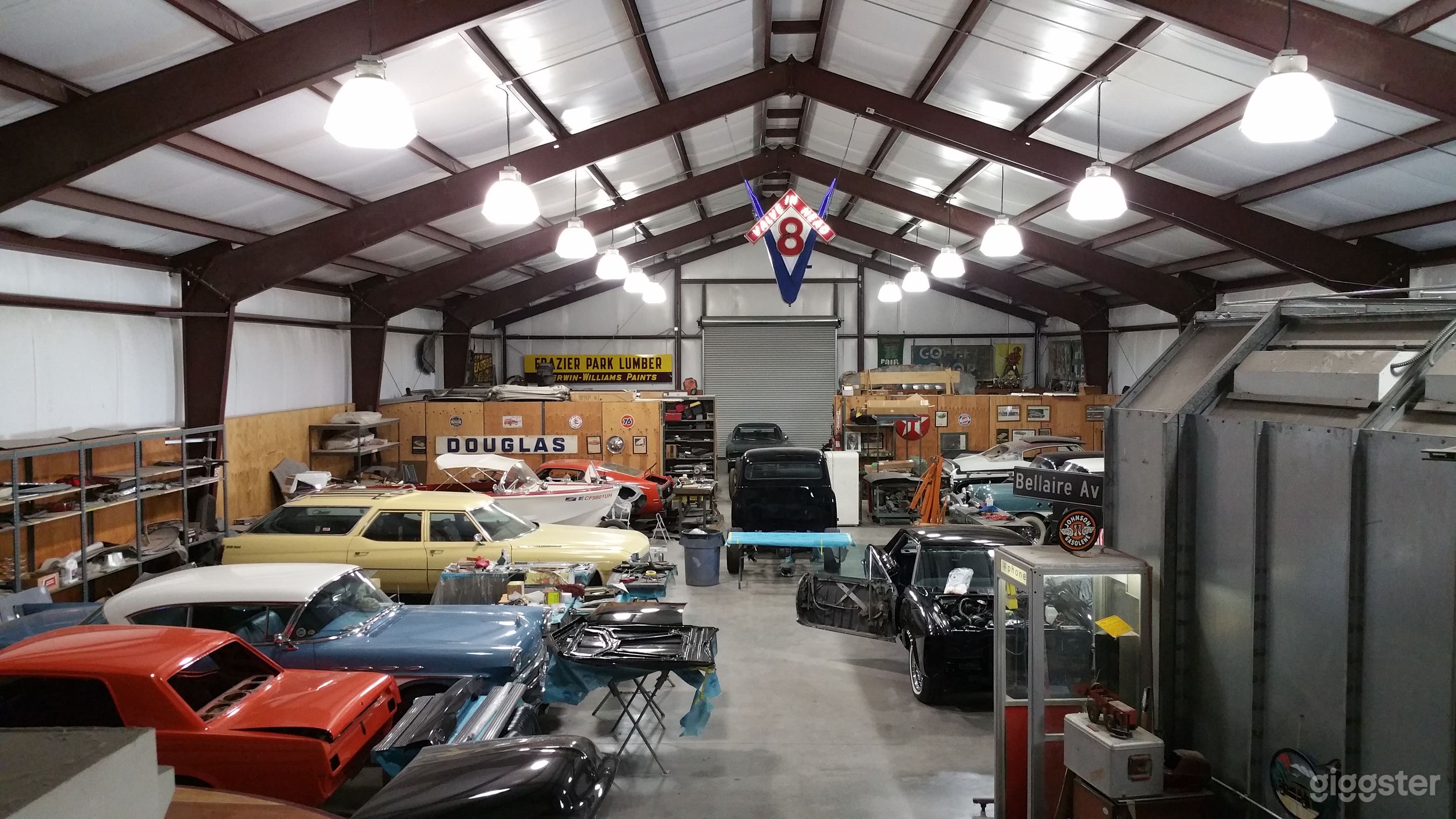 This building is being used for housing and restoring collectible cars.