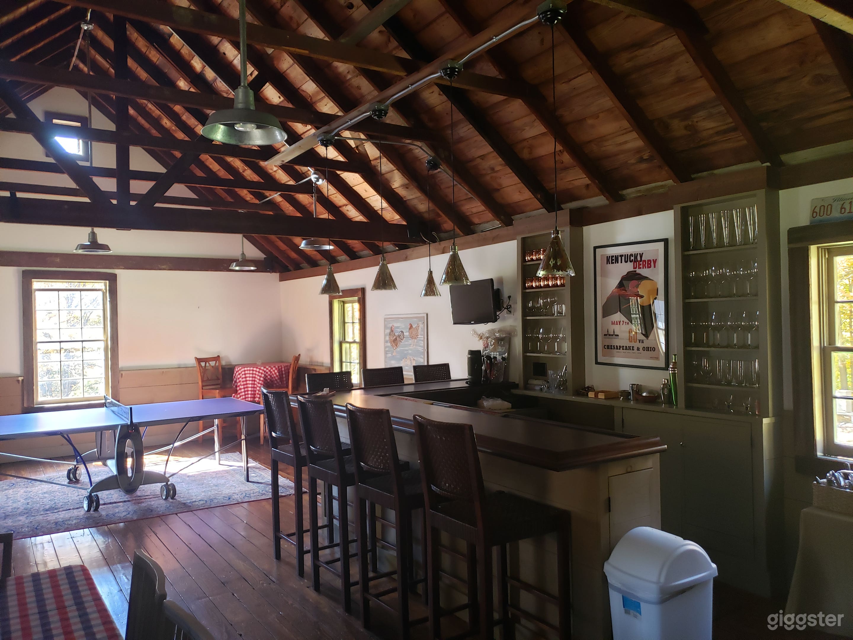 Interior upstairs of barn. Custom bar