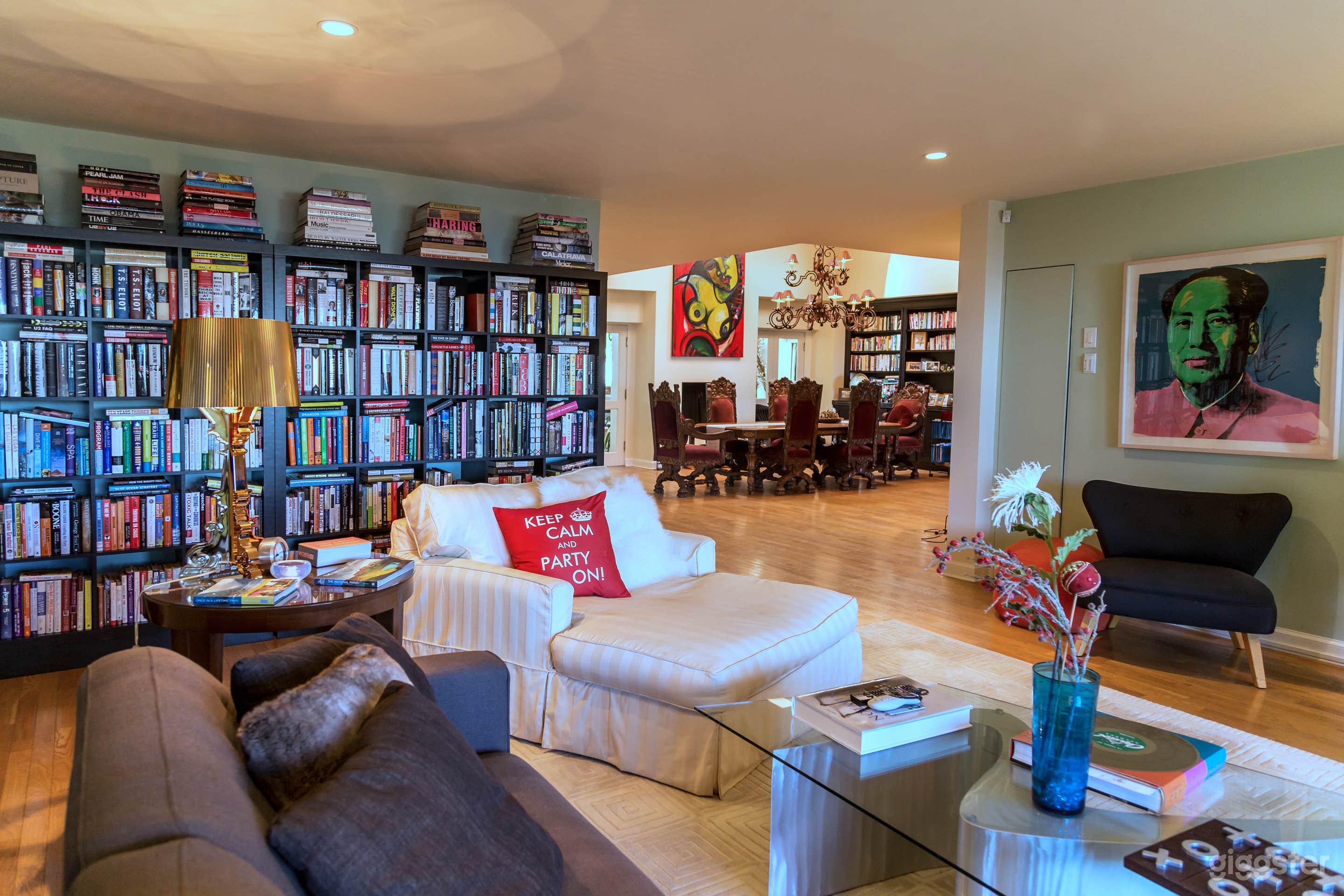 The living room and dining room open area is perfect for filmed interviews.