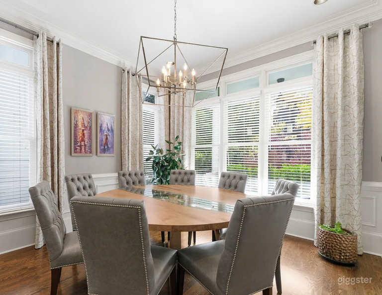  Large formal dining room with custom inverted live-edge burl maple table, impressionist art, 8 leather dining chairs 