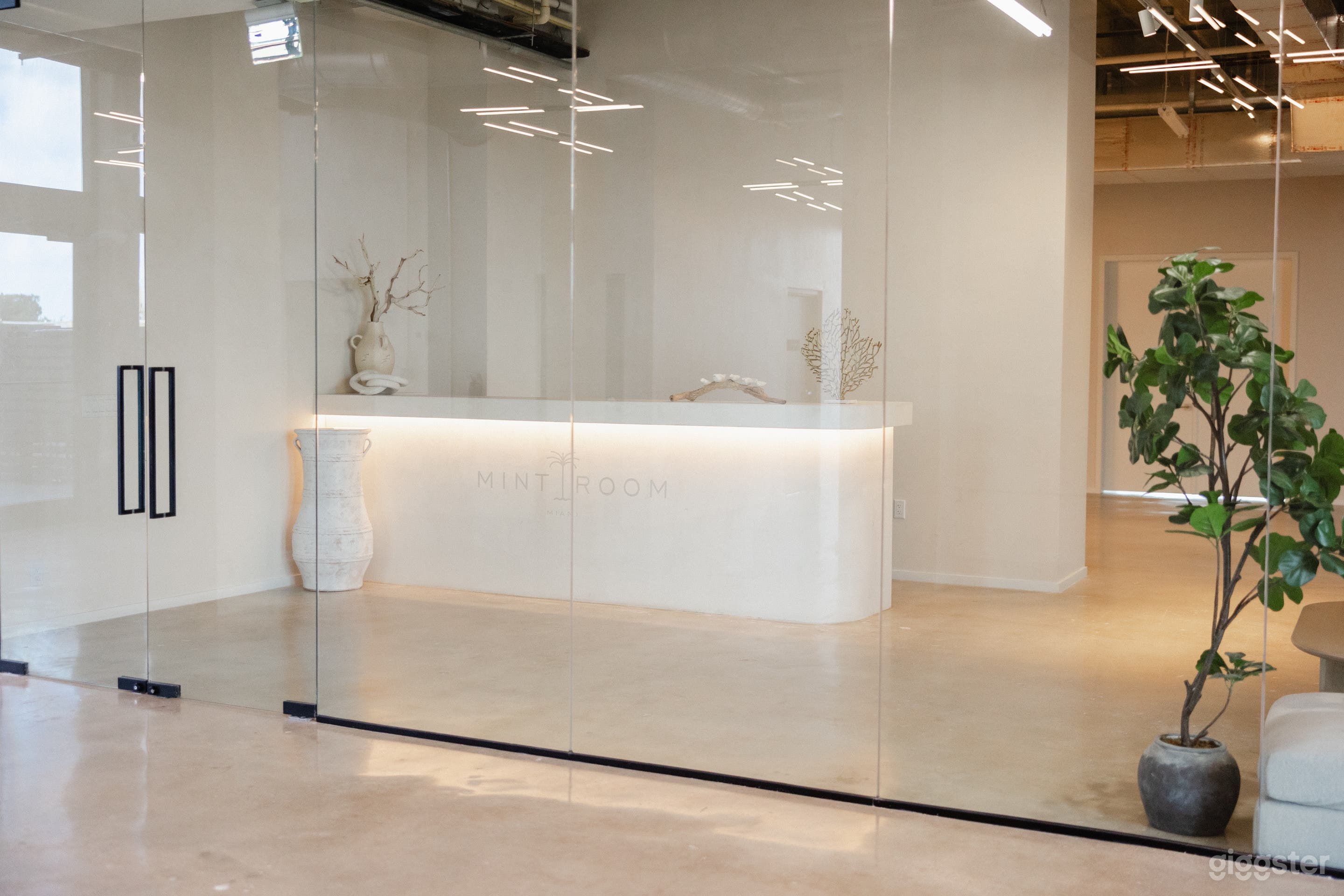 Main Entrance: A custom-made reception desk with LED lights, fully customizable with decals or decor to make your brand stand out.