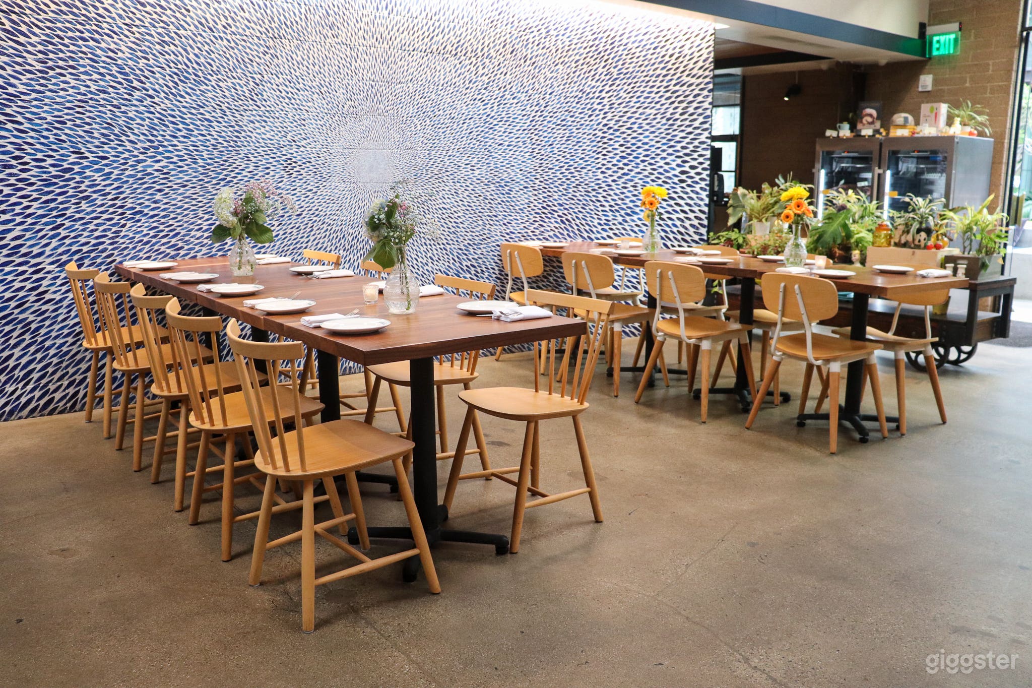 Our showcase "blue wall" with mural by artist Nathan Van Hook