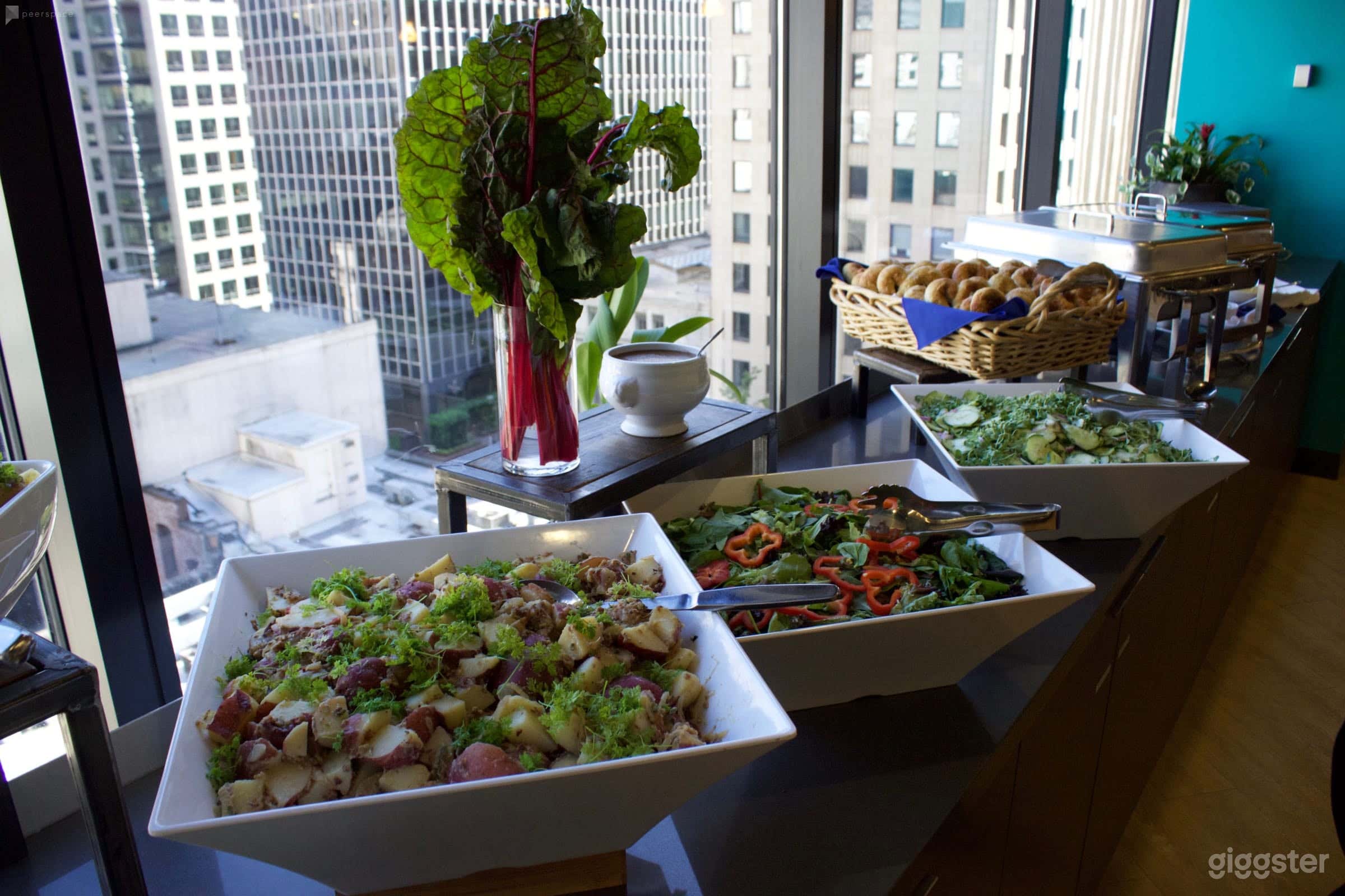 Kitchen has tons of counter space to display beautiful food and drinks.