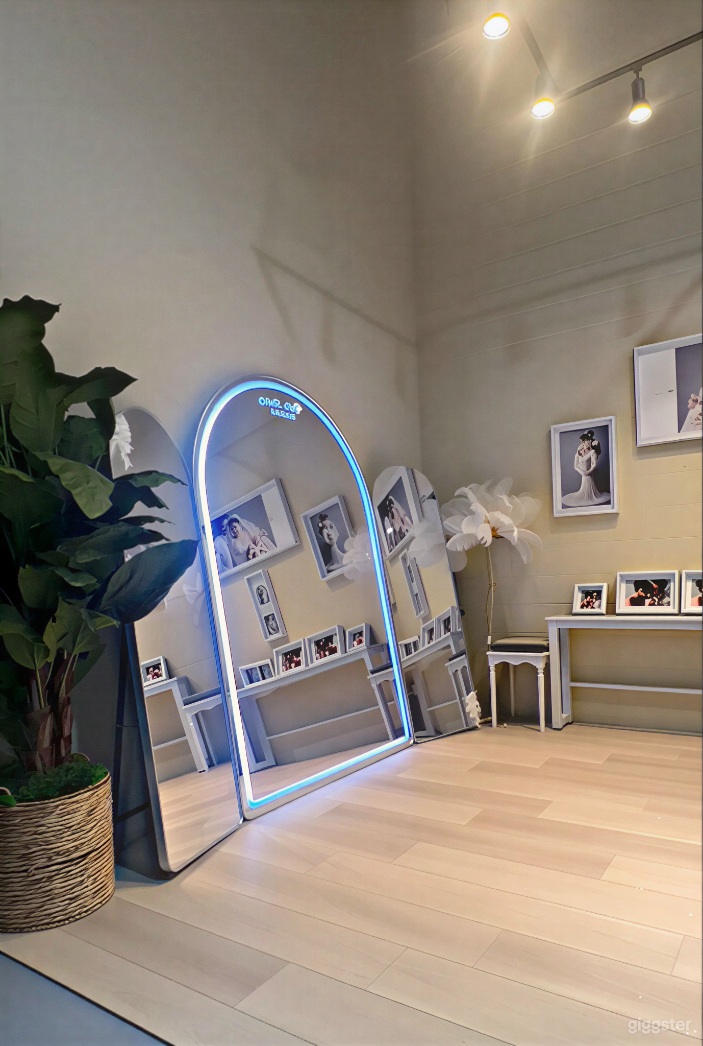 Elegant Wedding Room Studio Set with Bridal Gowns, Mirror Photo 3