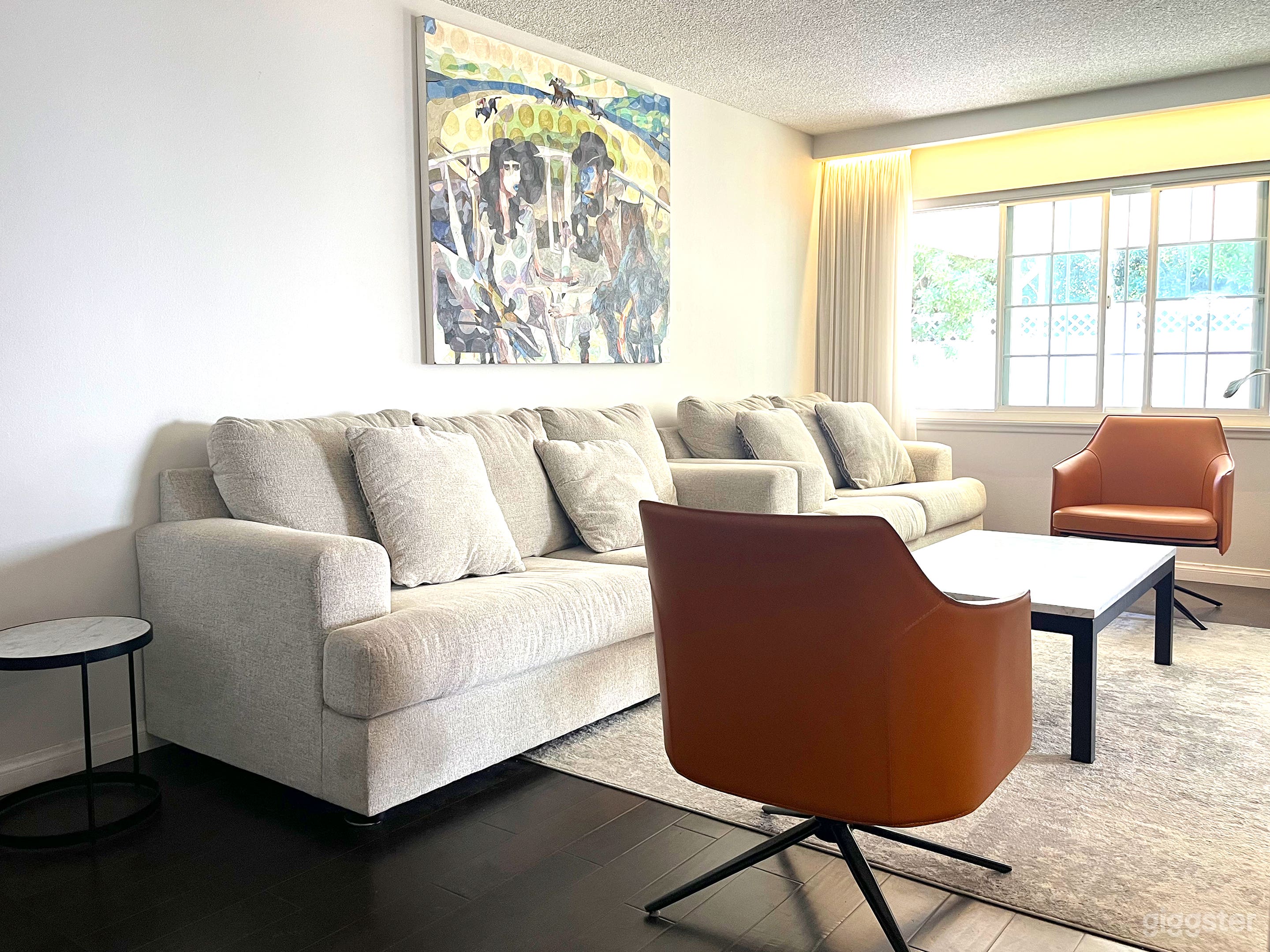 Large contemporary oil painting, marble Crate &amp; Barrel coffee table, Italian luxury leather lounge chairs set