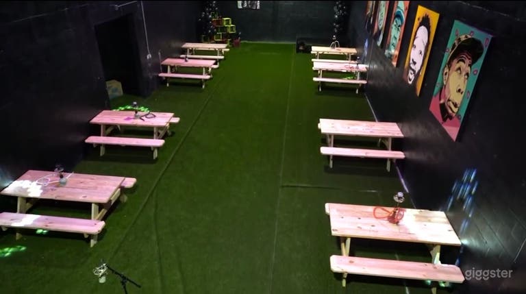  View of main space with picnic setup, from the DJ booth. 