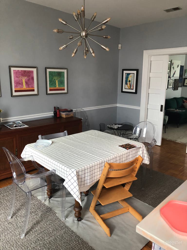  Dining room with pocket doors and chandelier 