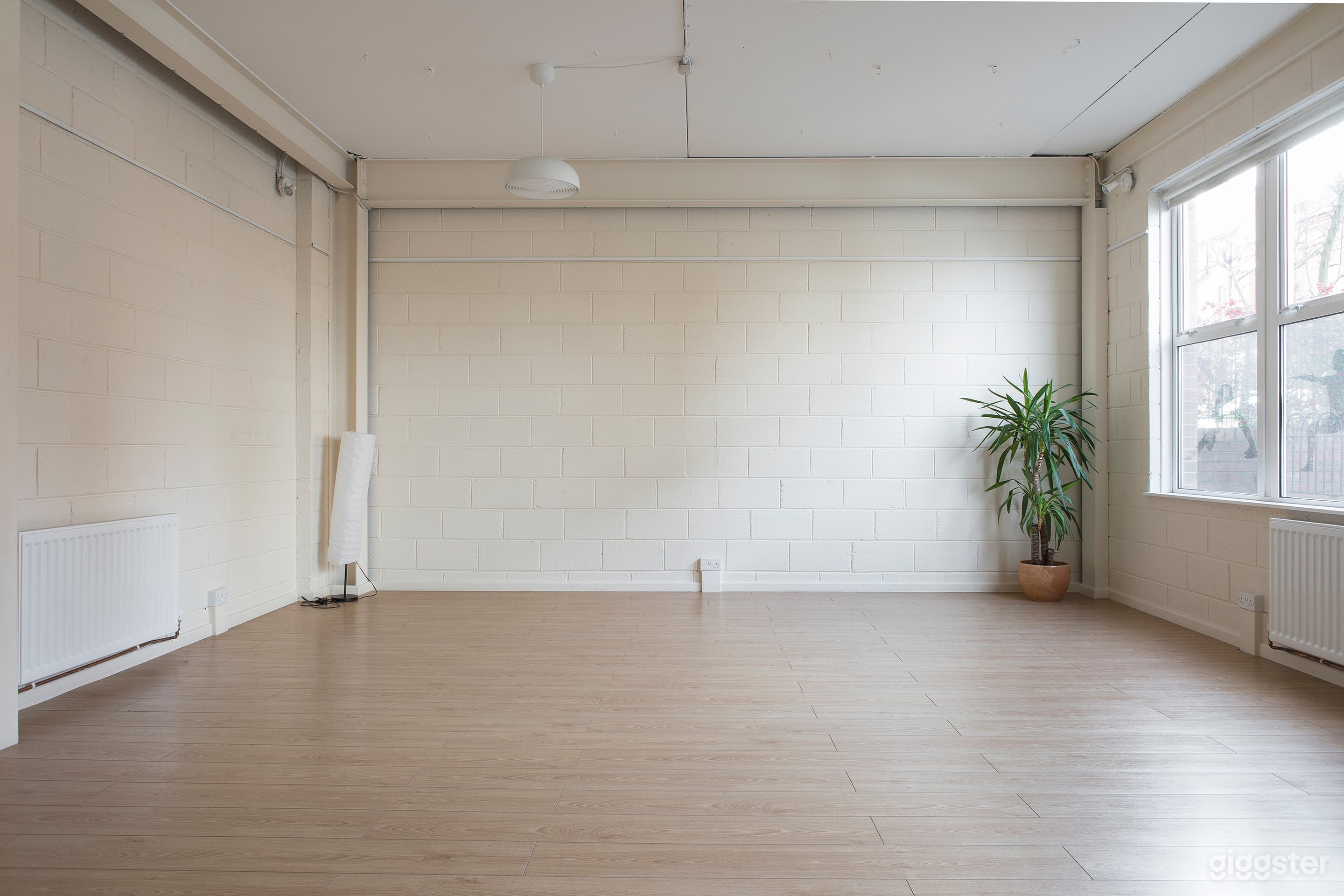 Far end of room showing art hanging system 